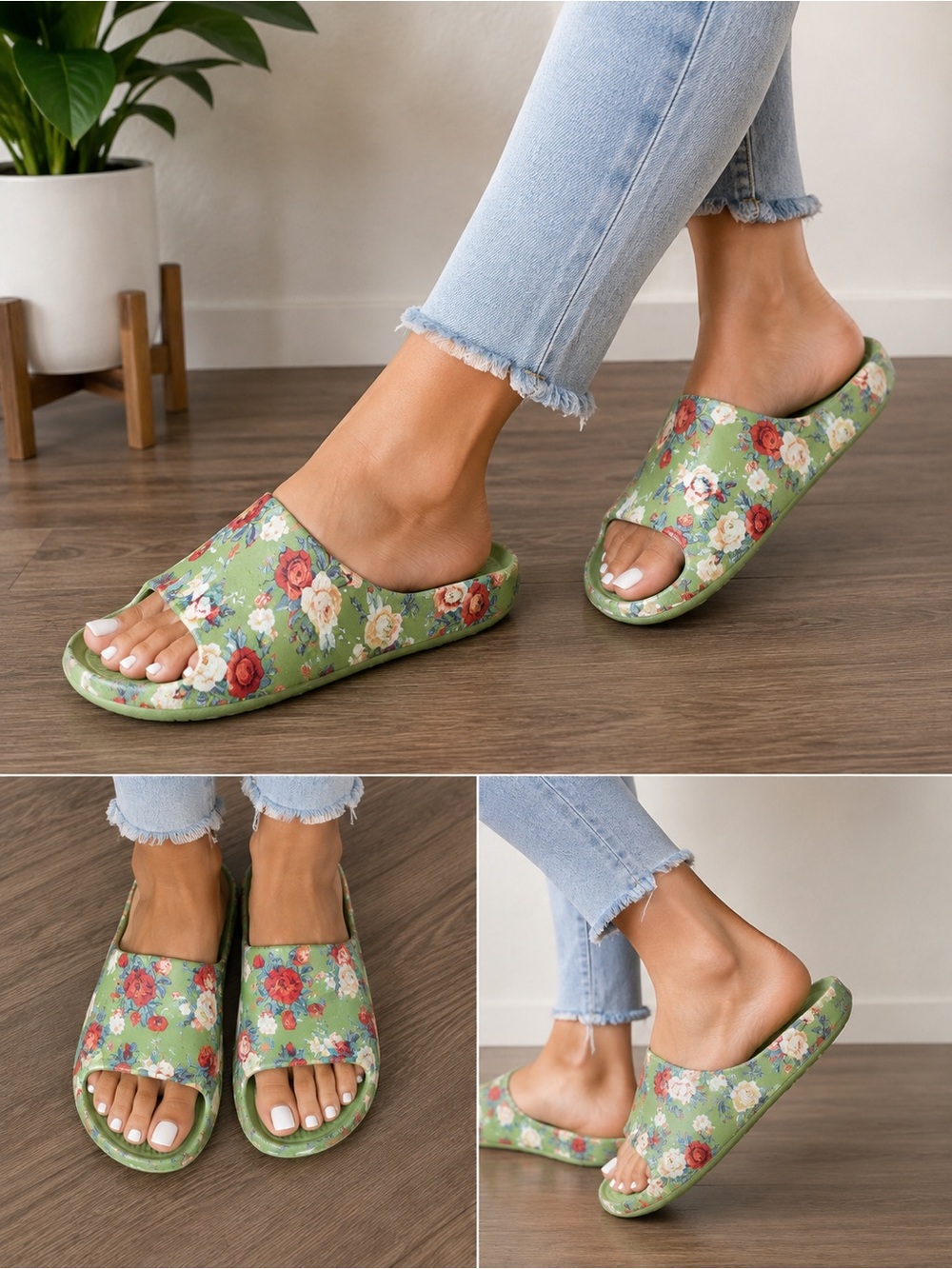 Green Floral Slide Sandals Women’s NWOT Comfort Slip On Shoes